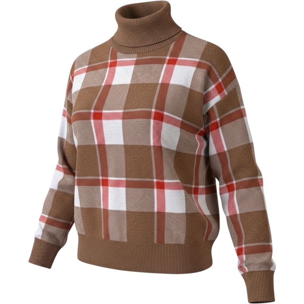 Tahari Womens Plaid Turtleneck Sweater Brown White Red Knit Size S